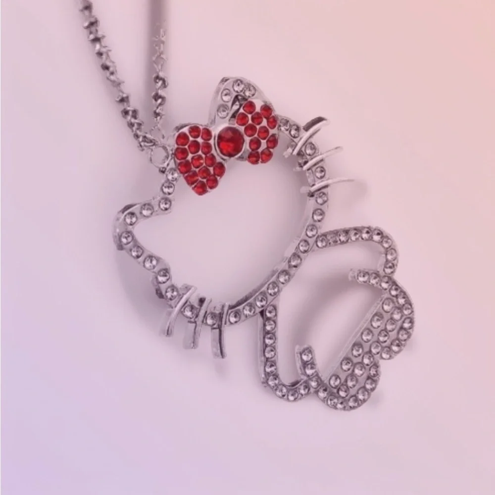 Hello Kitty Silver Necklace with Red Bow Crystal Pendant